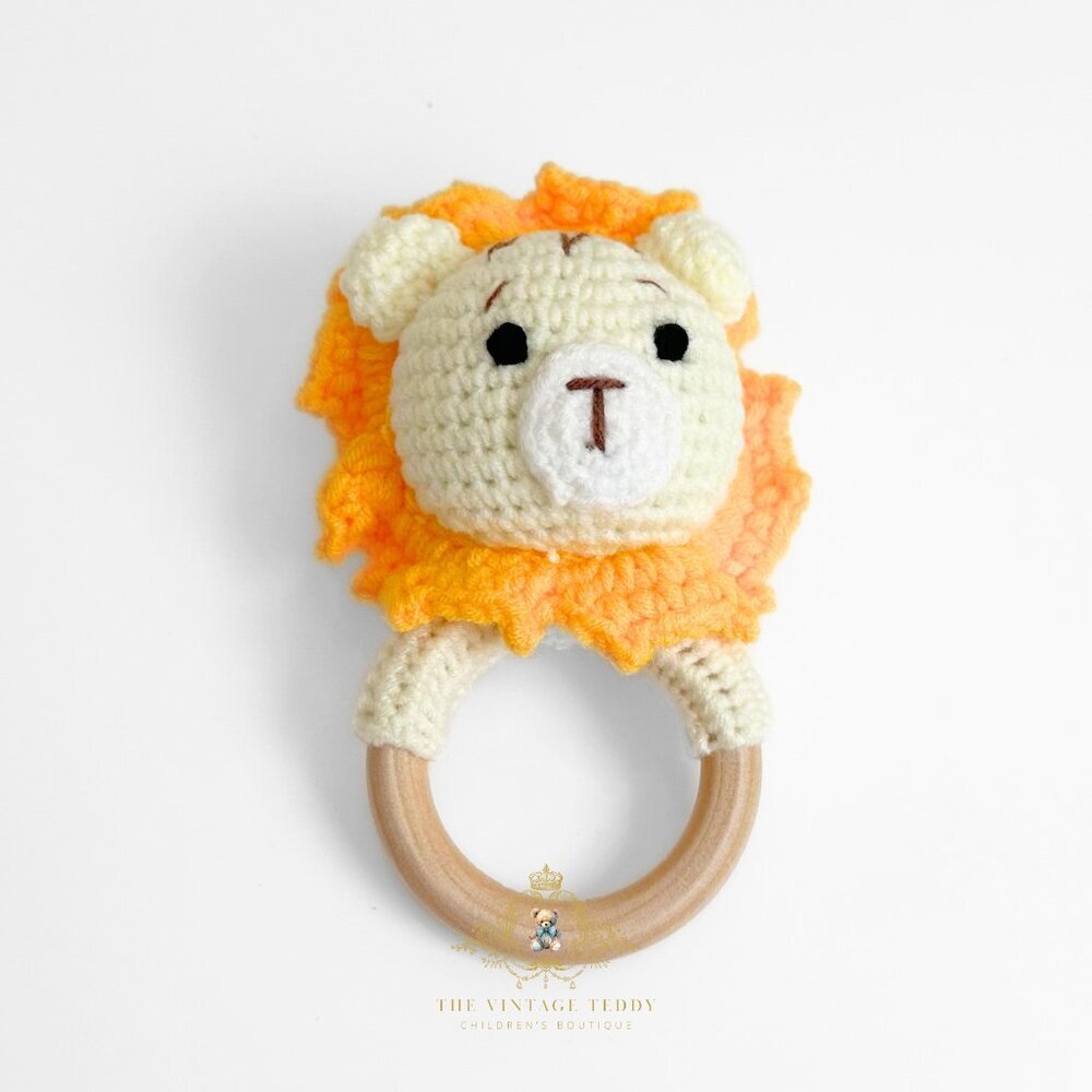 NWT Cute Handmade Crochet Lion Baby Rattle Baby & Toddler Wooden Plush Toys